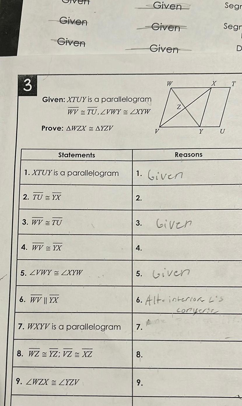  3 Given Given Given XTUY is a parallelogram WV TU ZVWY