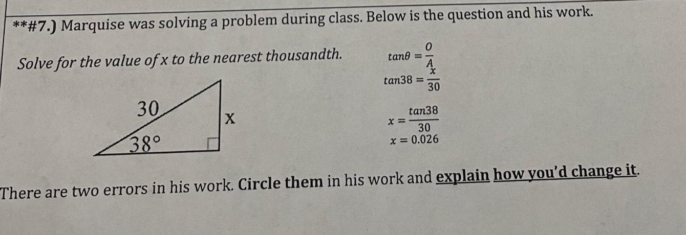 question and his work Solve for the value of x to the