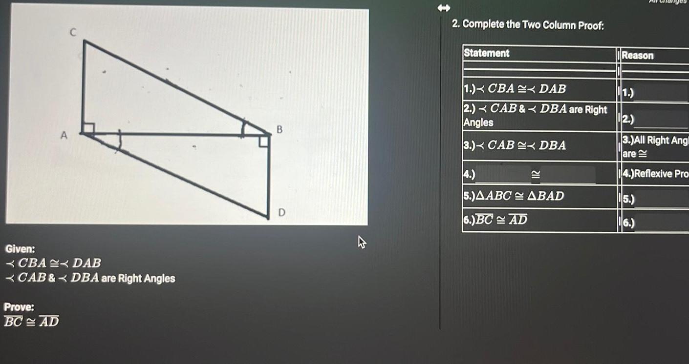 AD B D 2 Complete the Two Column Proof Statement 1 CBA