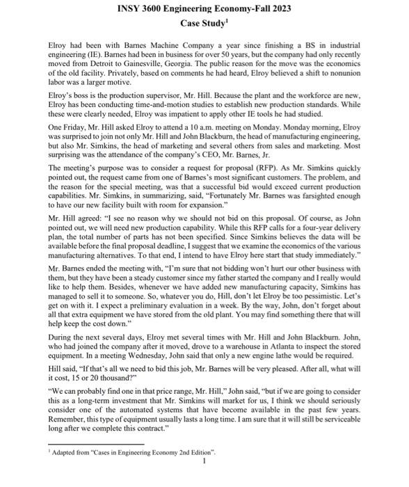  INSY 3600 Engineering Economy-Fall 2023 Case Study \( { }^{\prime} \)