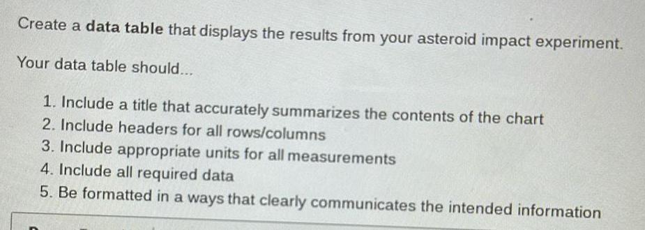 Create a data table that displays the results from your asteroid