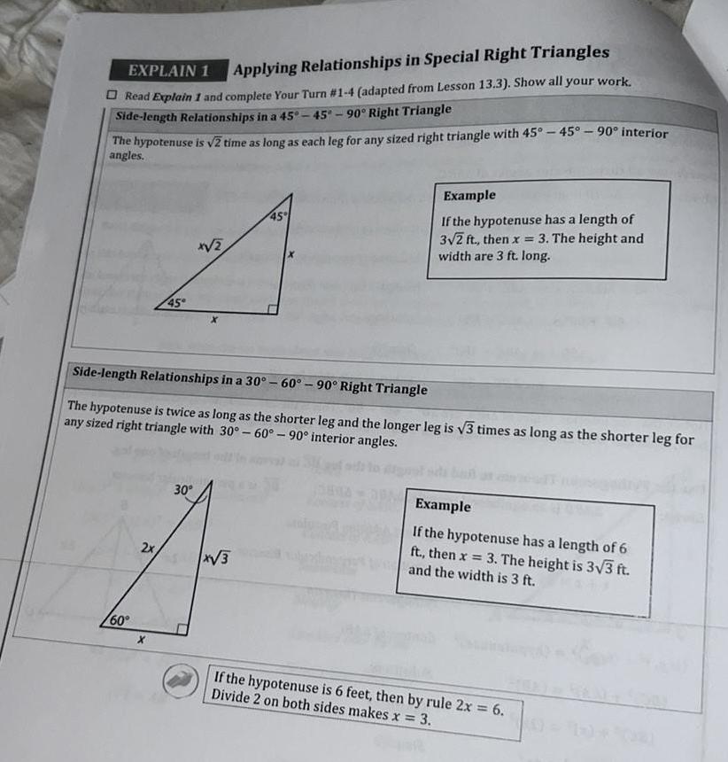 EXPLAIN 1 Applying Relationships in Special Right Triangles Read Explain 1