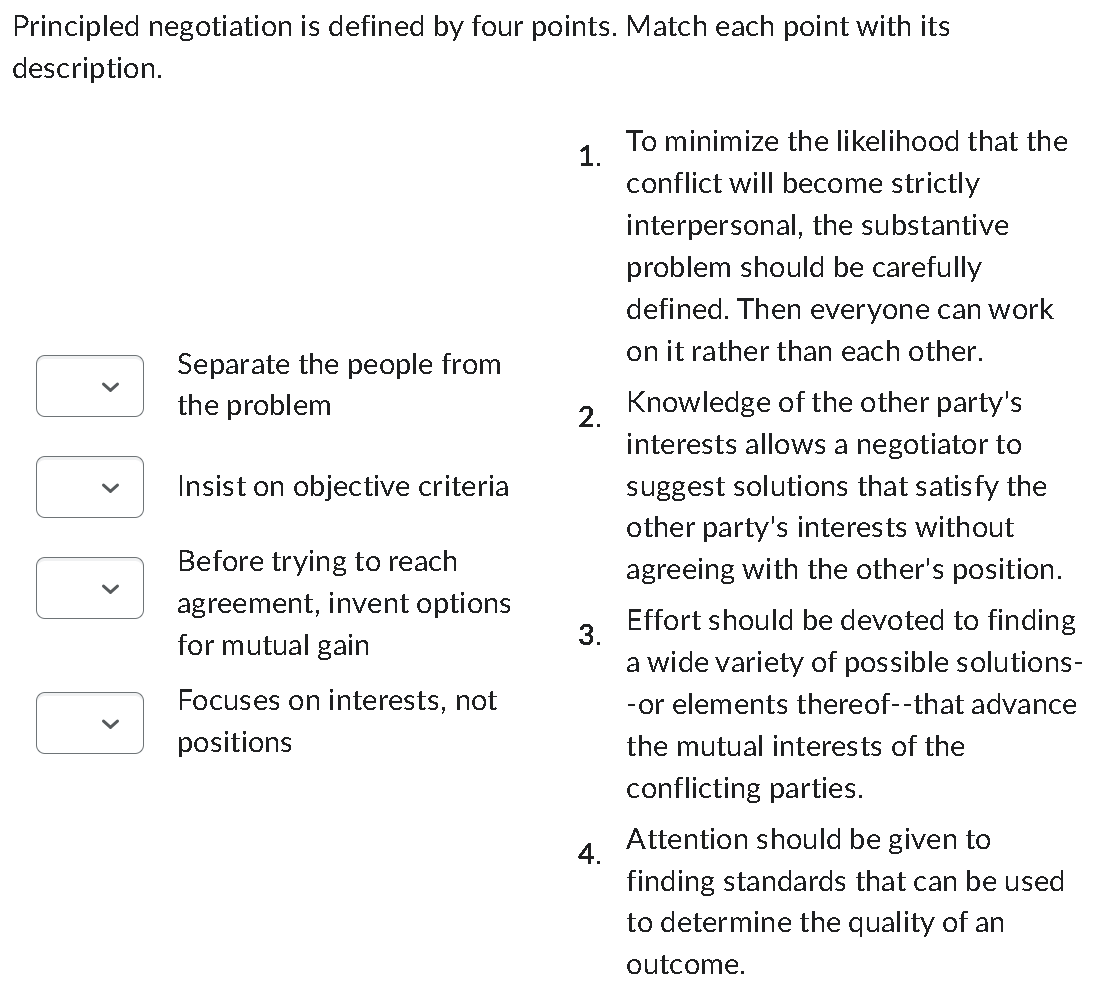 its description. Separate the people from the problem Insist on objective criteria