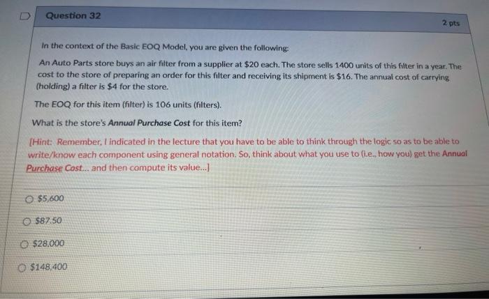  In the context of the Basic EOQ Model, you are given