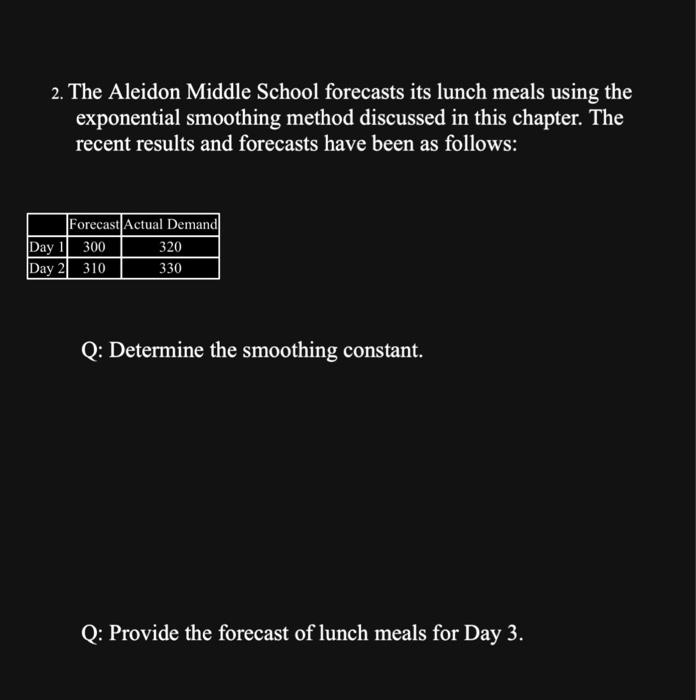  2. The Aleidon Middle School forecasts its lunch meals using the