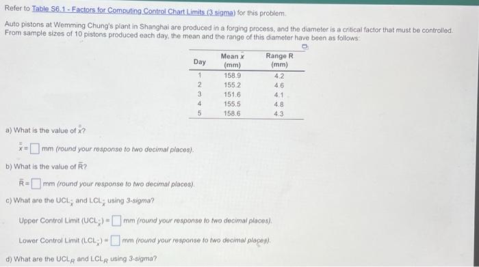 Refer to Table S6.1 - Factors for Computing Control Chart Limits