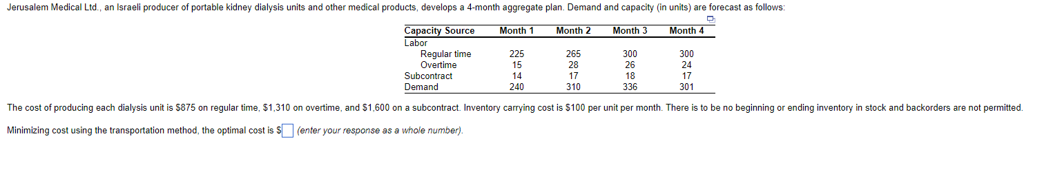  linimizing cost using the transportation method, the optimal cost is \(