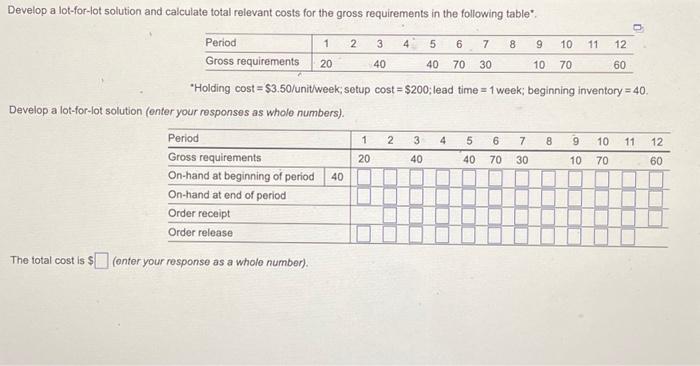  *Holding cost \( =\$ 3.50 / \) unitwweek; setup cost \(