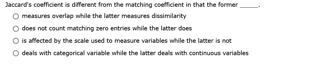 former measures overlap while the latter measures dissimilarity does not count matching