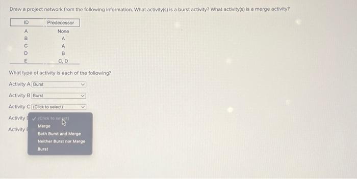 a burst activity? What activity(s) is a merge activity? What type of