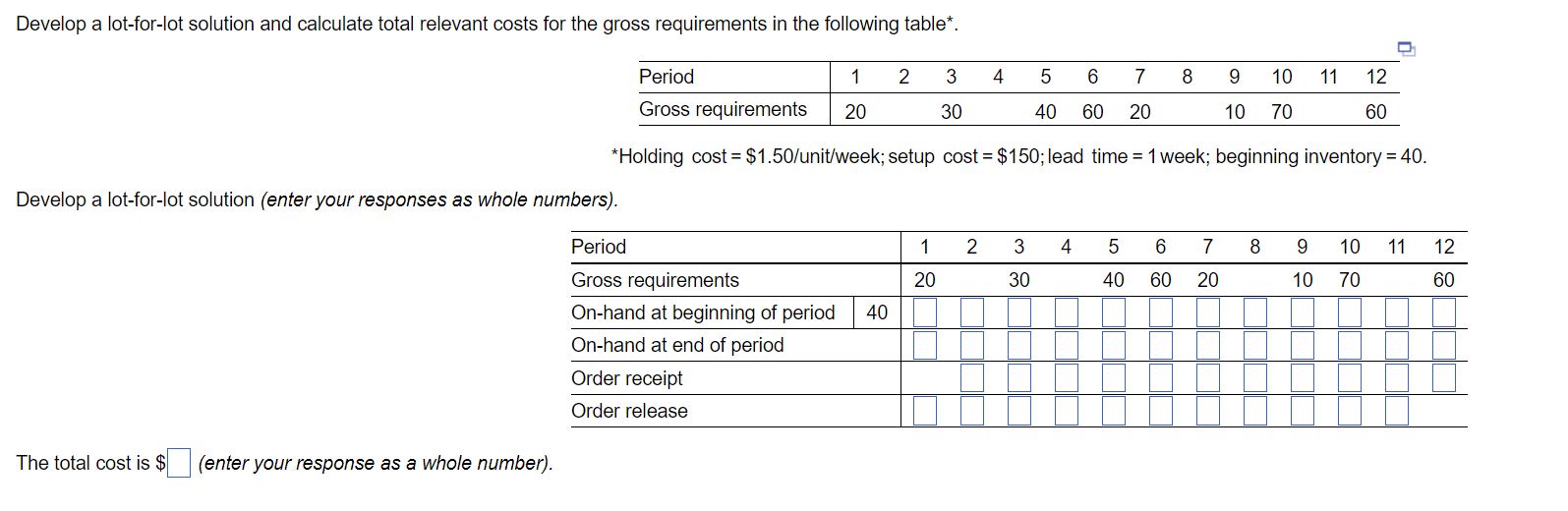 unit/week; setup cost \( =\$ 150 \); lead time \( =1 \)