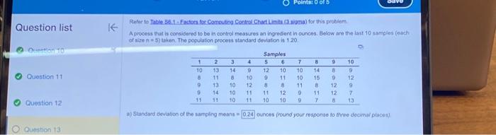 inpredient in ounces. Helow are the last 10 samples feach of aire