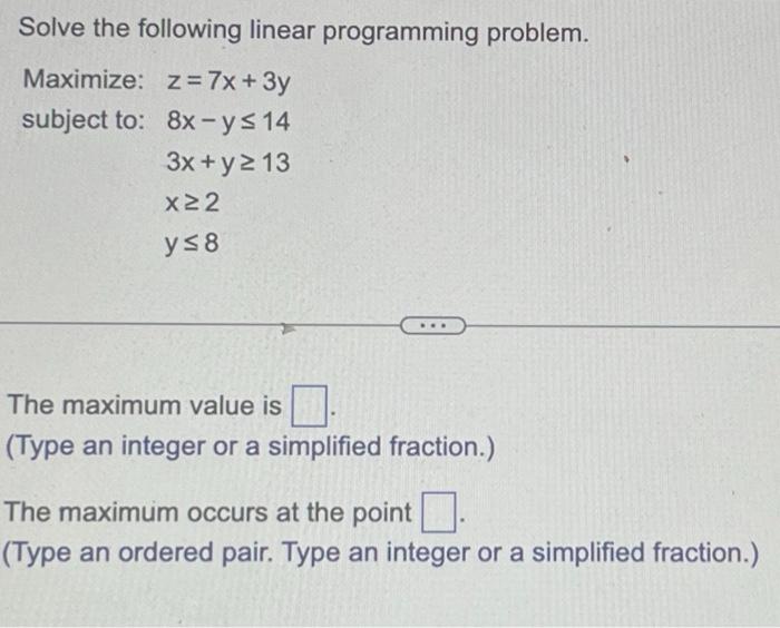 Solve the following linear programming problem. \[ \begin{array}{ll} \text { Maximize: