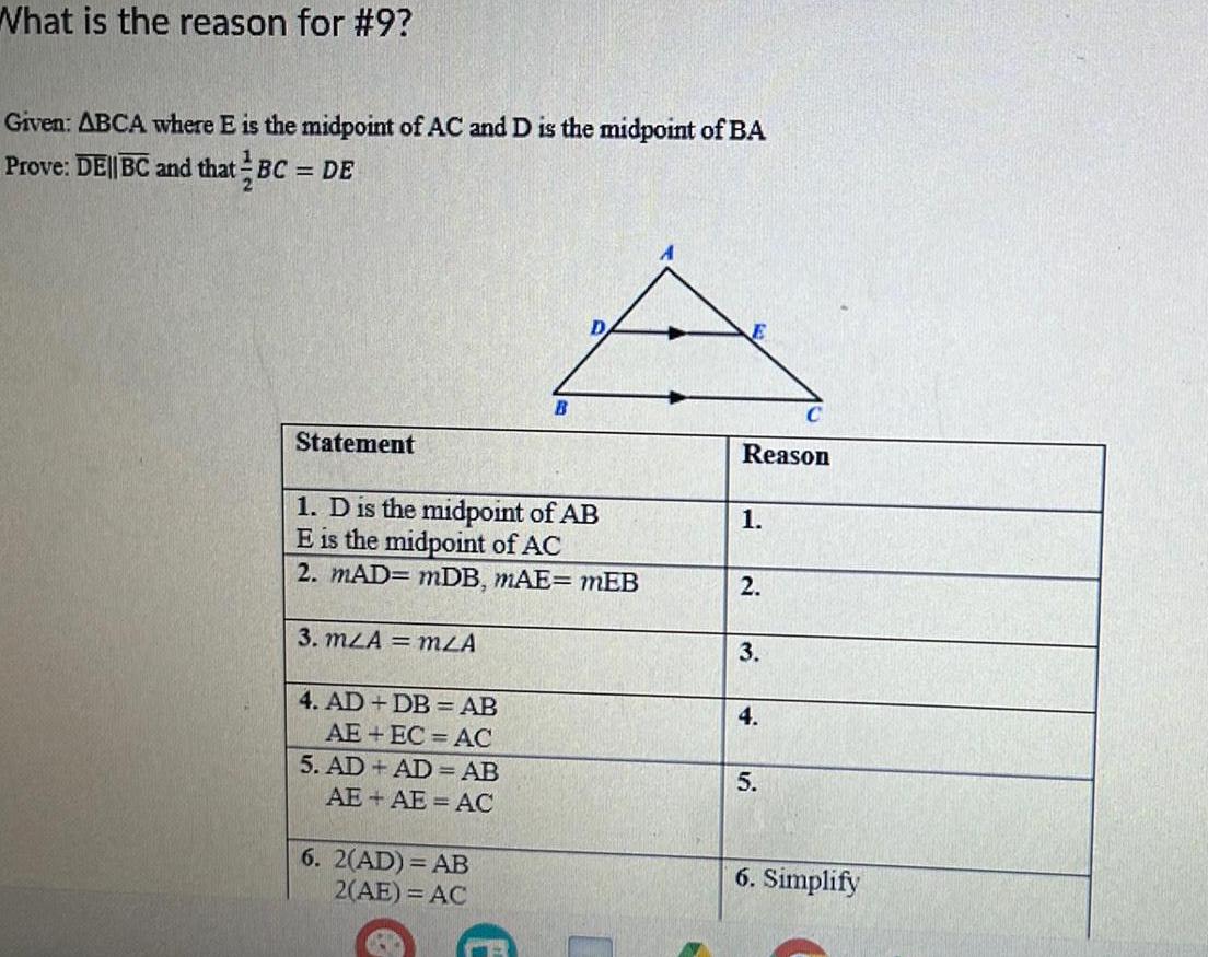 the midpoint of AC and D is the midpoint of BA Prove