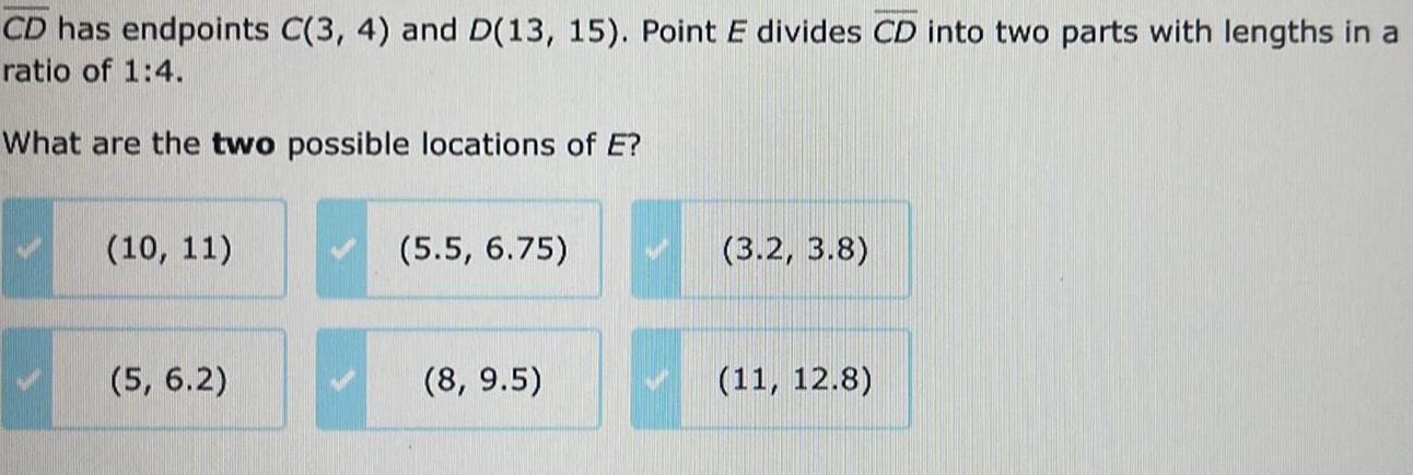 E divides CD into two parts with lengths in a ratio of