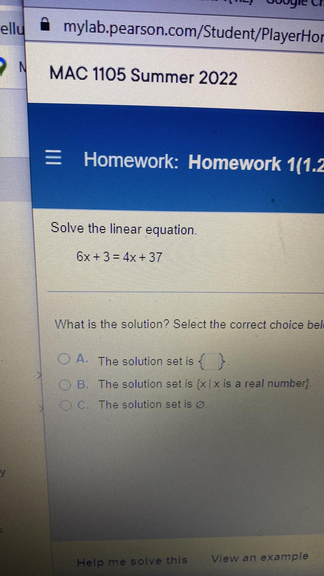 Solve the linear equation.6x + 3 = 4x + 37What is