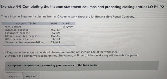 Exercise 4-6 Completing the income statement columns and preparing closing entries