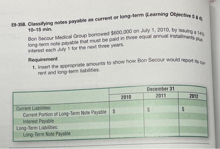 E9-35B. Classifying notes payable as current or long-term (Learning Objective 5