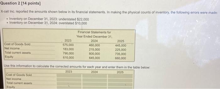  2 [14 points] X-cell Inc. reported the amounts shown below in