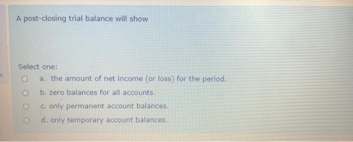 A post-closing trial balance will show Select one: a. the amount