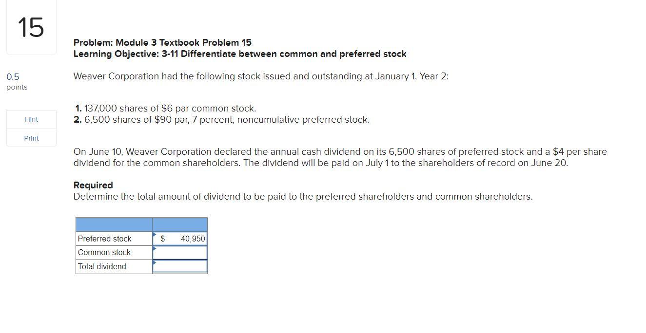  15 Problem: Module 3 Textbook Problem 15 0.5 points Hint Print