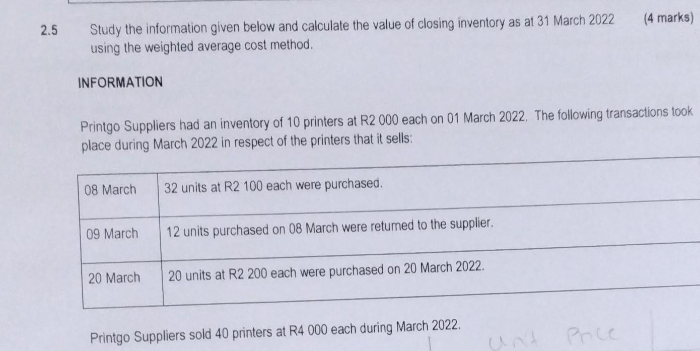 2.5 Study the information given below and calculate the value of