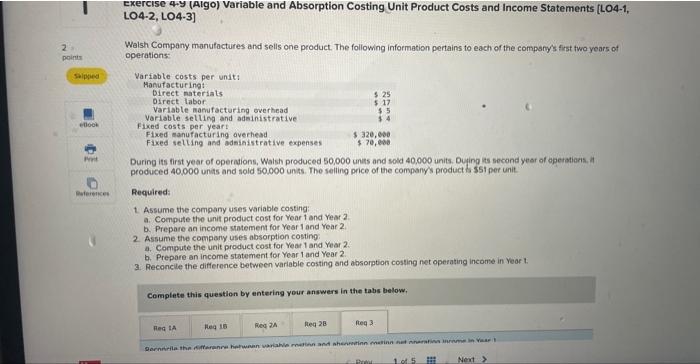 2 points Skipped etlook Pret References Exercise 4-9 (Algo) Variable and