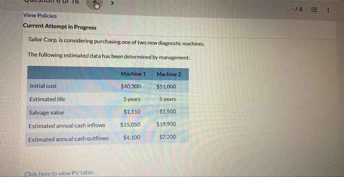  View Policies Current Attempt in Progress Tailor Corp. is considering purchasing