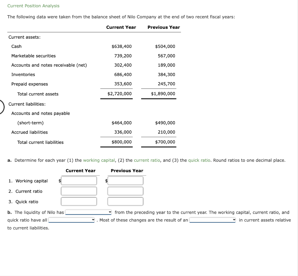 Current Position Analysis The following data were taken from the balance