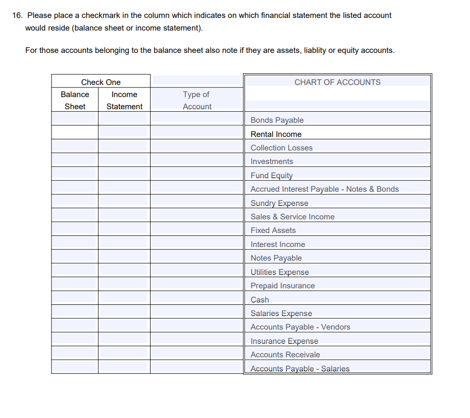  16. Please place a checkmark in the column which indicates on