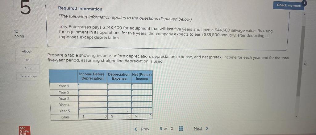 LO 5 10 points Check my work Required information [The following