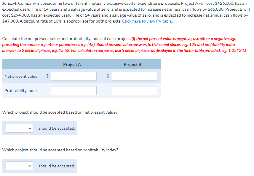 Jonczyk Company is considering two different, mutually exclusive capital expenditure proposals.