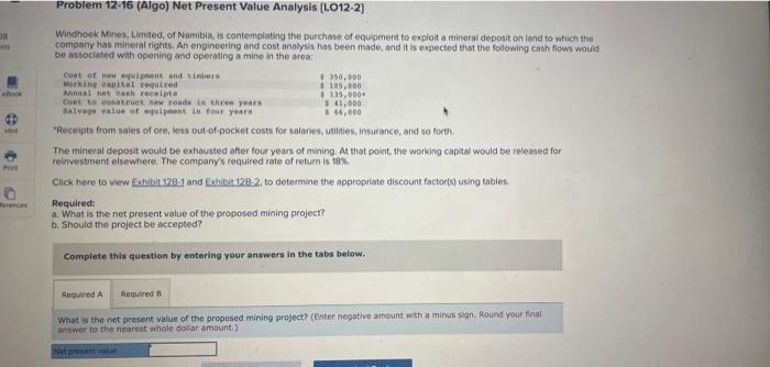  OR Book e o P Warences Problem 12-16 (Algo) Net Present