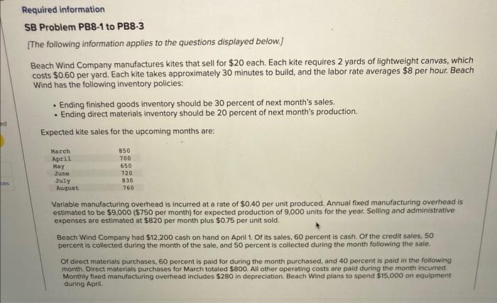 ed ces Required information SB Problem PB8-1 to PB8-3 [The following