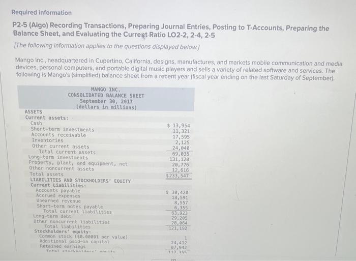 Required information P2-5 (Algo) Recording Transactions, Preparing Journal Entries, Posting to T-Accounts,