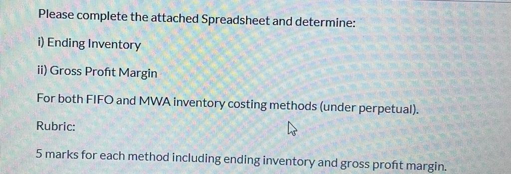  complete the attached Spreadsheet and determine: i) Ending Inventory ii) Gross