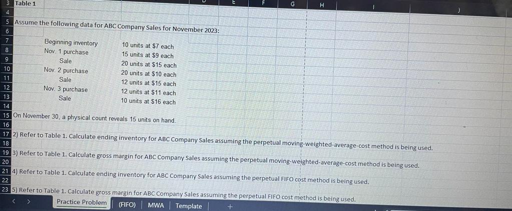 J K M 2 3 4 Date Received Sold 5 Quantity Cost