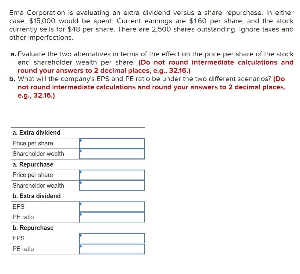 Erna Corporation is evaluating an extra dividend versus a share repurchase.