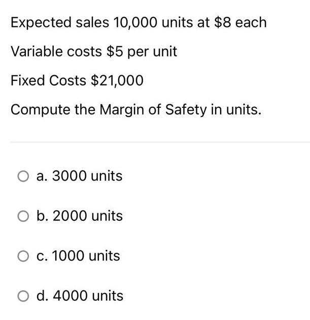  Expected sales 10,000 units at $8 each Variable costs $5 per