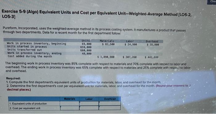 Exercise 5-9 (Algo) Equivalent Units and Cost per Equivalent Unit-Weighted-Average Method