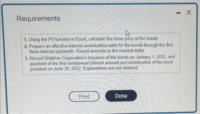  Requirements 1. Using the PV function in Excel, calculate the issue