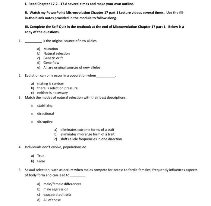  I. Read Chapter 17.2 -17.8 several times and make your own