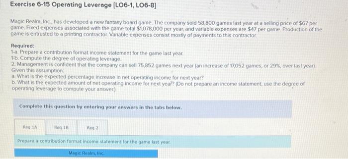  Exercise 6-15 Operating Leverage [LO6-1, LO6-8] Magic Realm, Inc., has developed