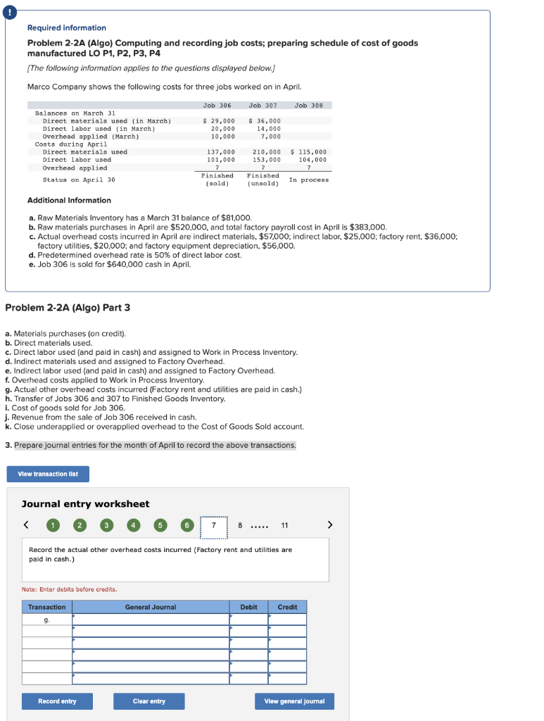 Required information Problem 2-2A (Algo) Computing and recording job costs; preparing