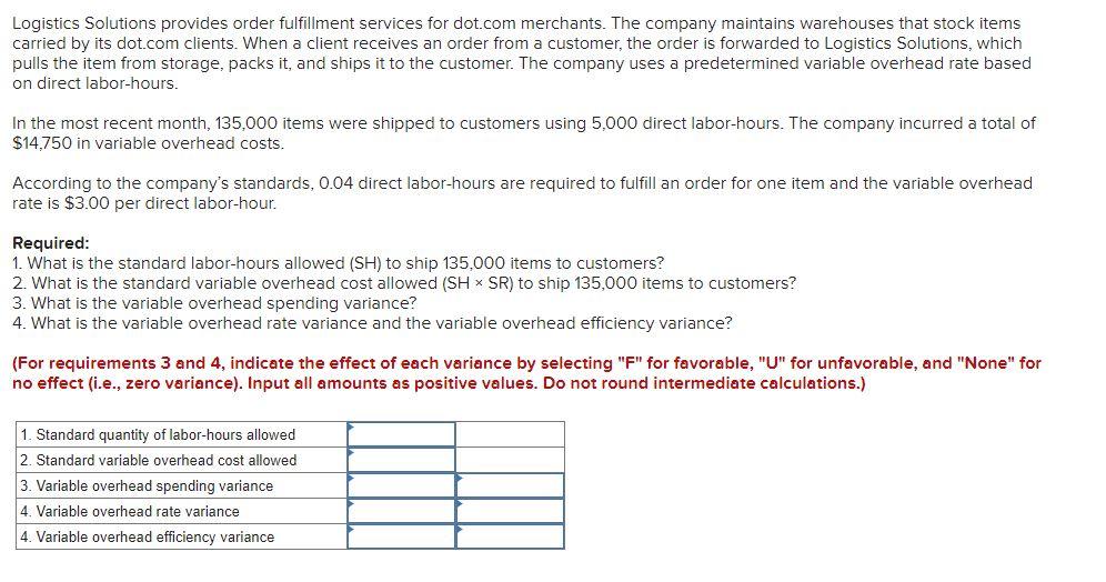 Logistics Solutions provides order fulfillment services for dot.com merchants. The company