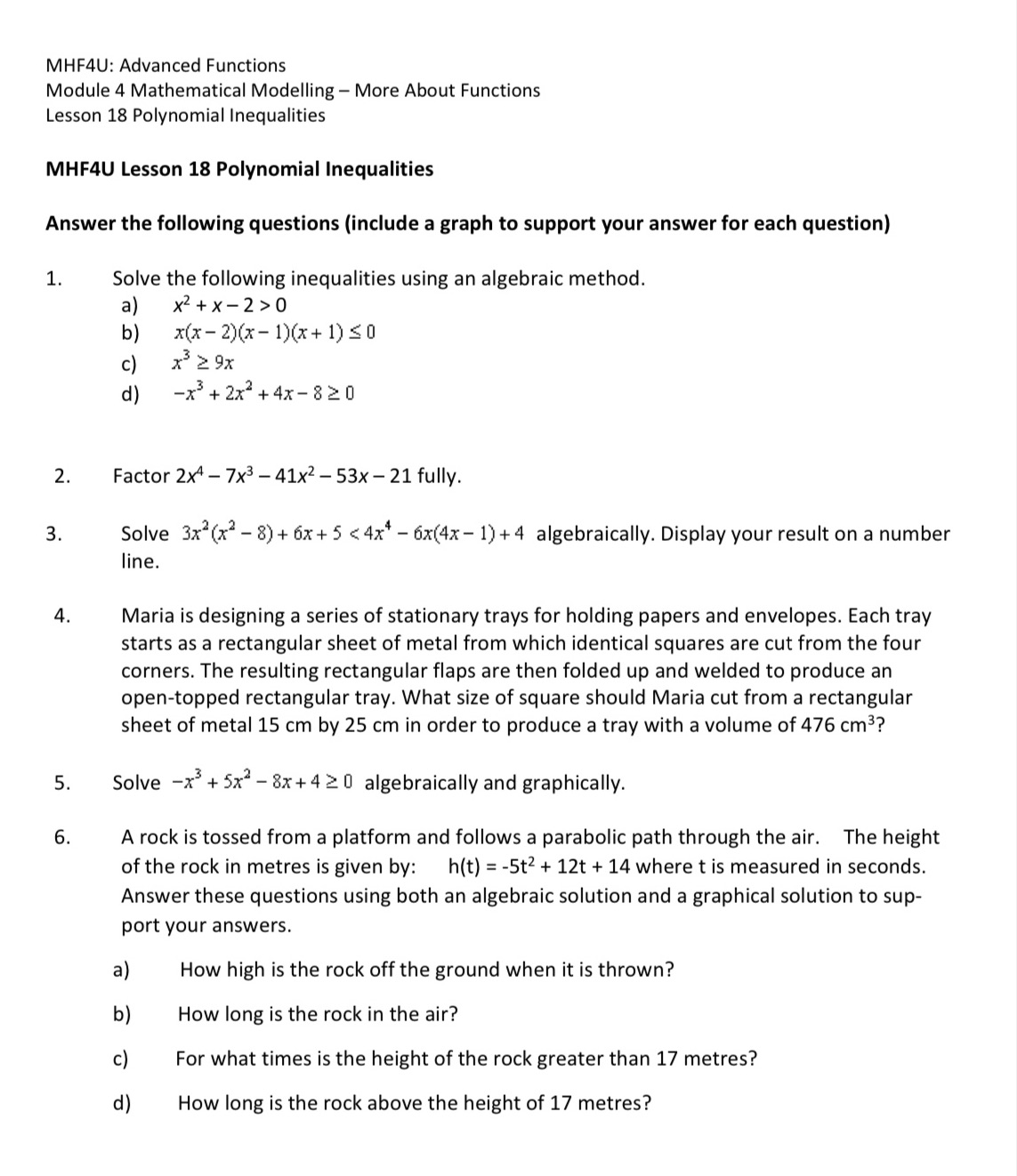  MHF4U: Advanced Functions Module 4 Mathematical Modelling More About Functions Lesson