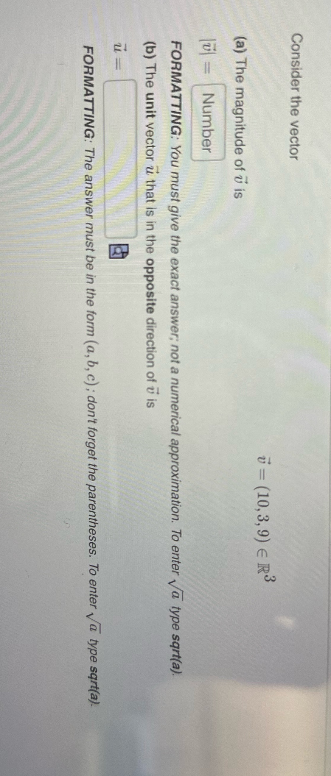 (a) The magnitude of u is 12 = Number FORMATTING: You must