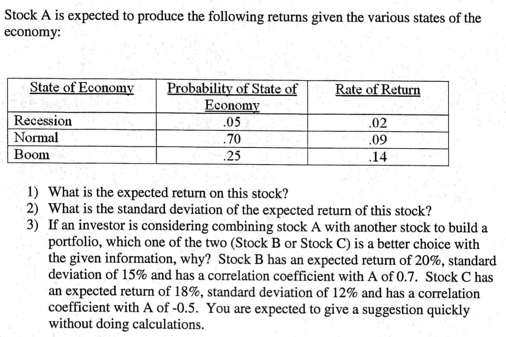 Stock A is expected to produce the following returns given the various