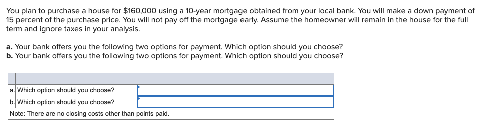 plan to purchase a house for $150,000 using a 10-year mortgage obtained