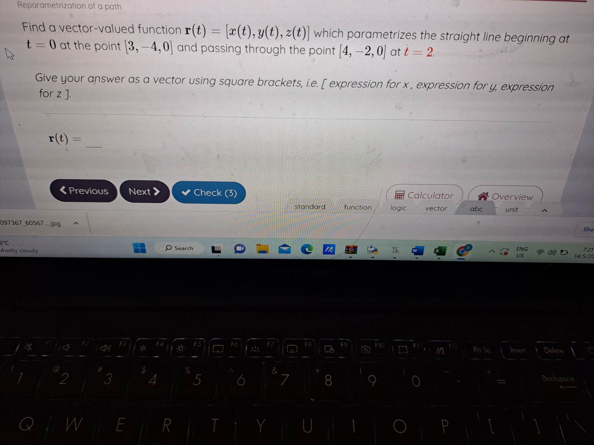 y(t), z(t)] which parametrizationt line beginning at t = 0 at the